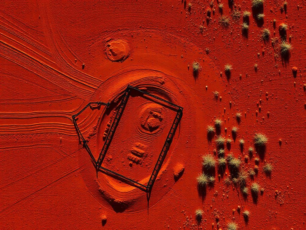 Aerial view of an exploration drill pad on red Western Australian earth